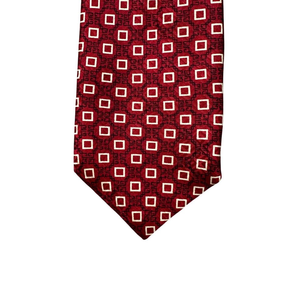 Givenchy Paris Mens Silk Tie Burgundy Red Geometric Square Pattern Made in Italy